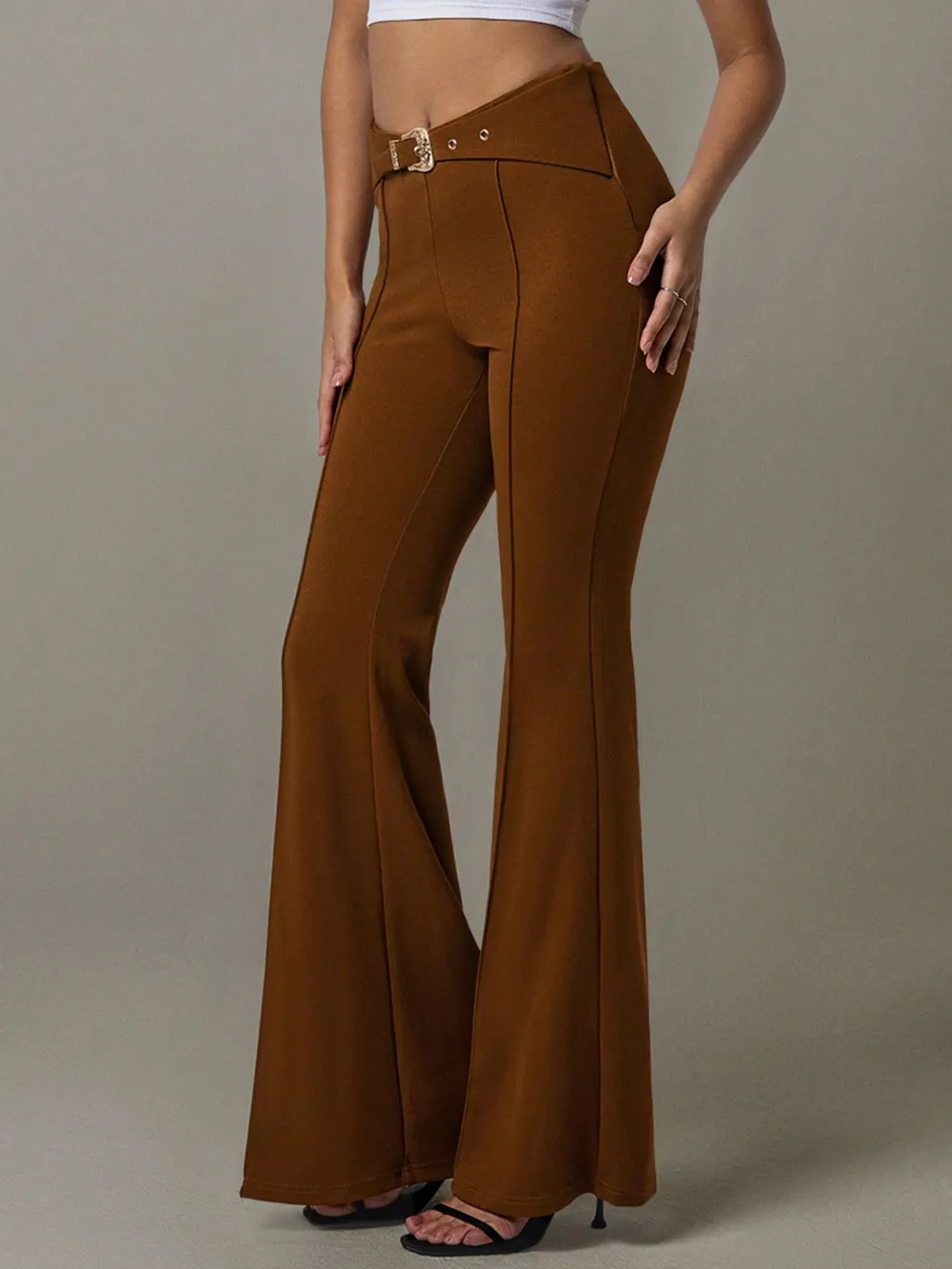 High Waist Flare Pants with Buckle Belt, image 4