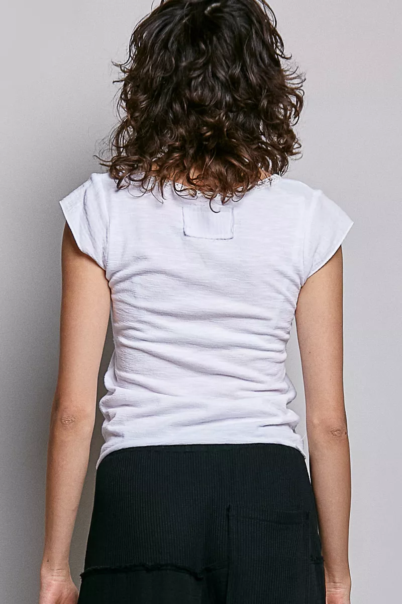 V-Neck Lightweight Textured Short Sleeve Knit Top with Lace Trim, image 6