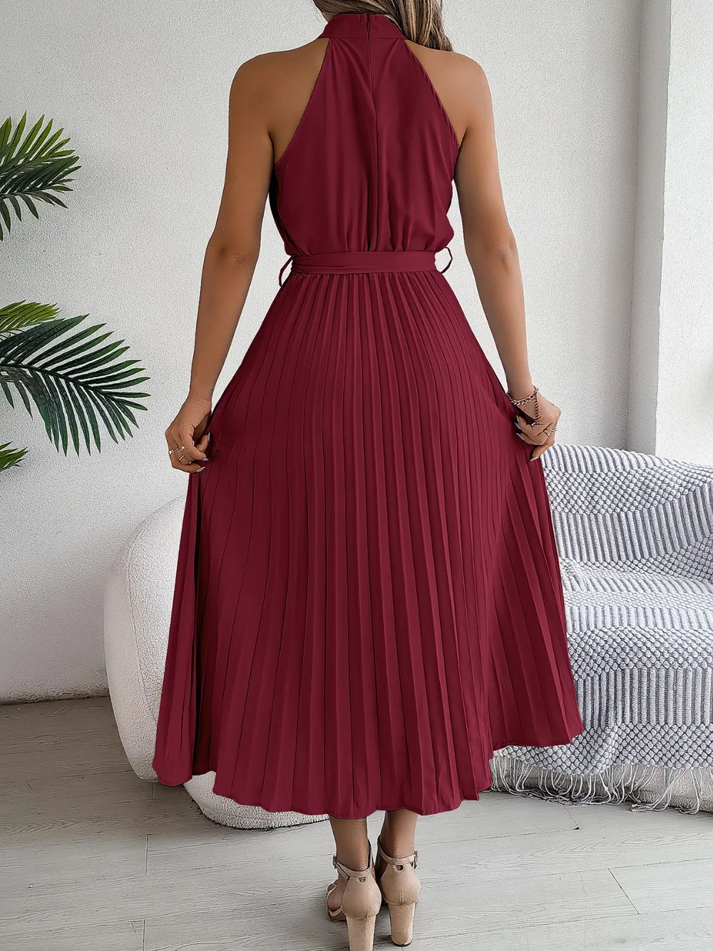 Pleated Tie Waist Sleeveless Midi Dress, image 5