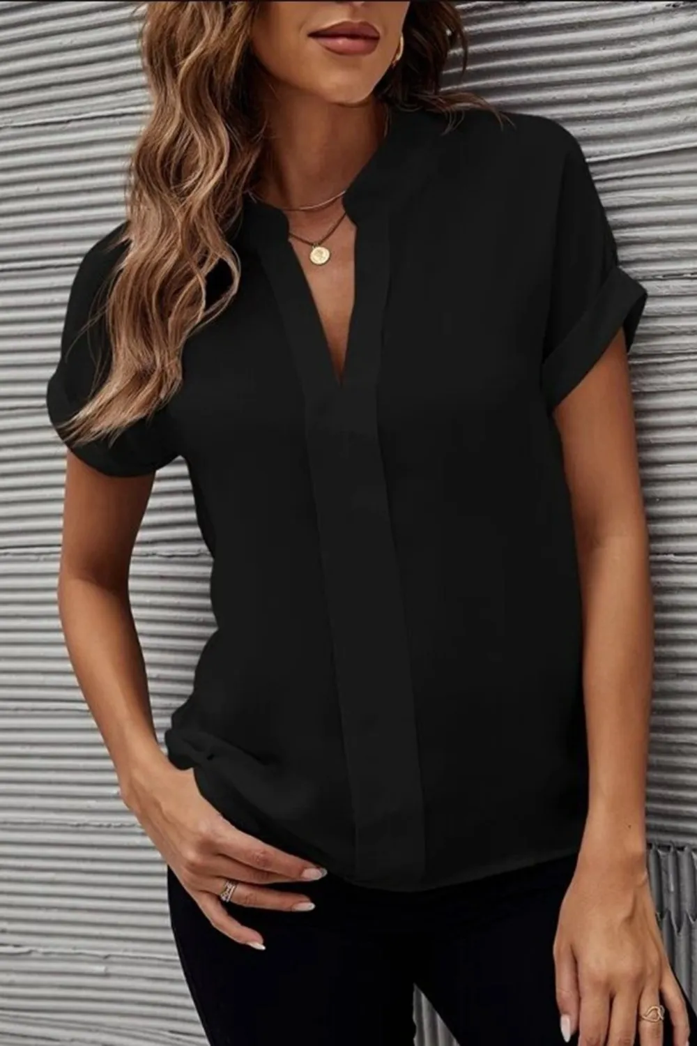Full Size Notched Short Sleeve Blouse, image 16