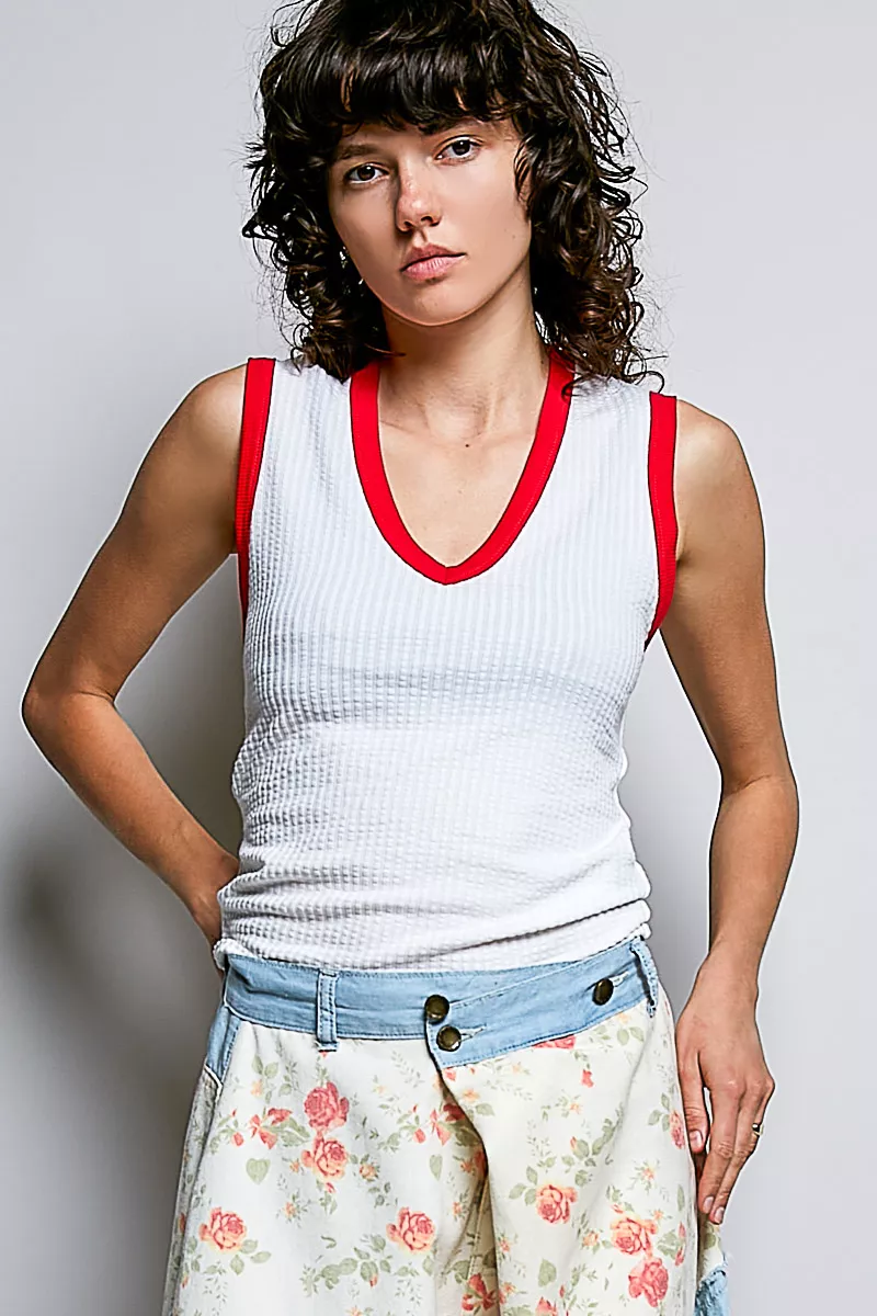 V-Neck Contrast Ribbed Sleeveless Tank