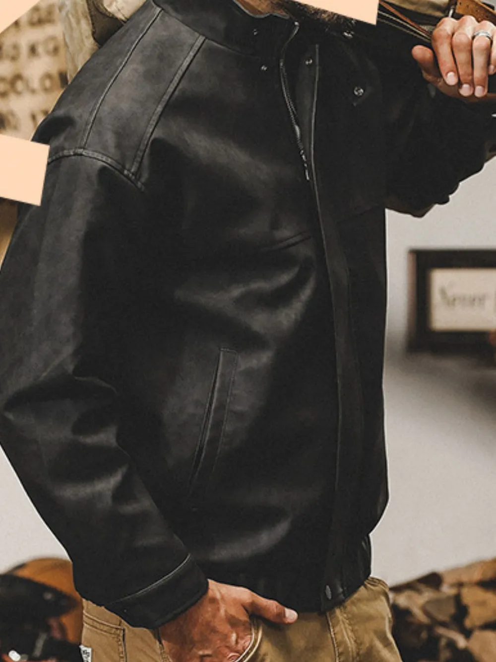 Men's Plus Size Zip Up Stand Collar Biker Jacket, image 2