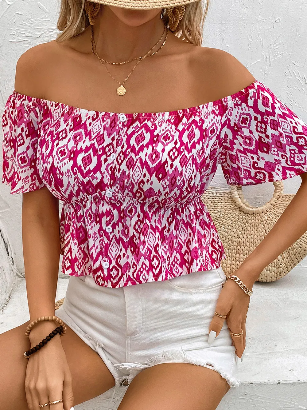 Peplum Printed Off-Shoulder Short Sleeve Blouse, image 4