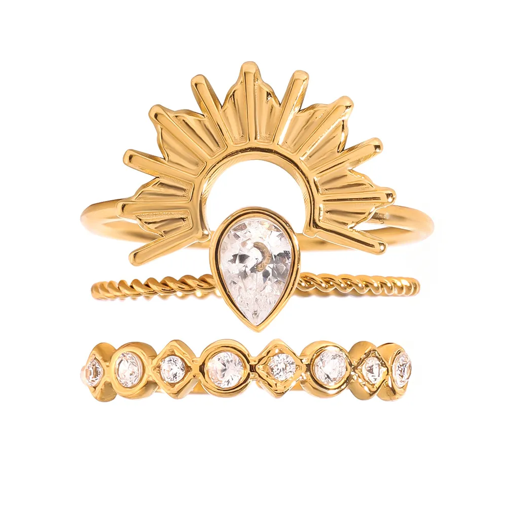 3 Piece Stainless Steel Rhinestone Sunburst Crown Ring, image 5