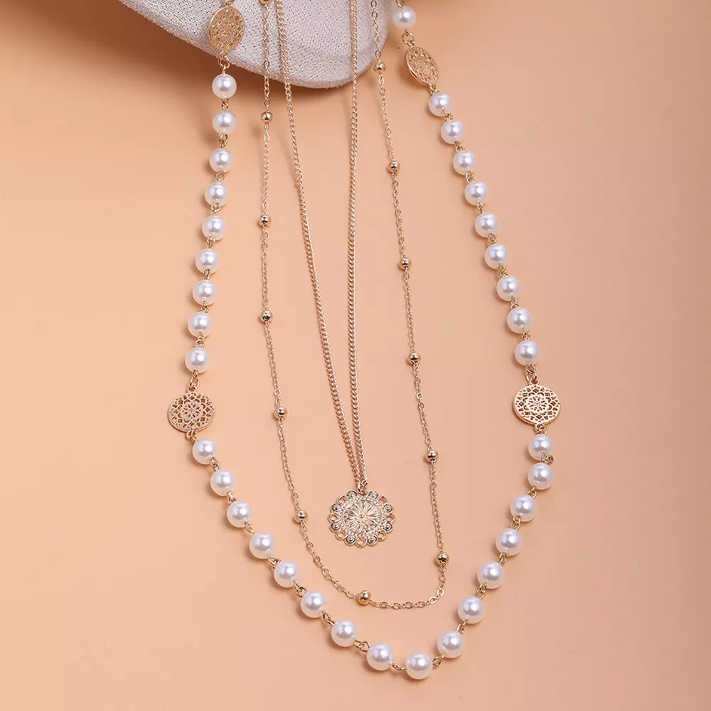 Multi-Layered Pearl and Coin Pendant Necklace, image 7