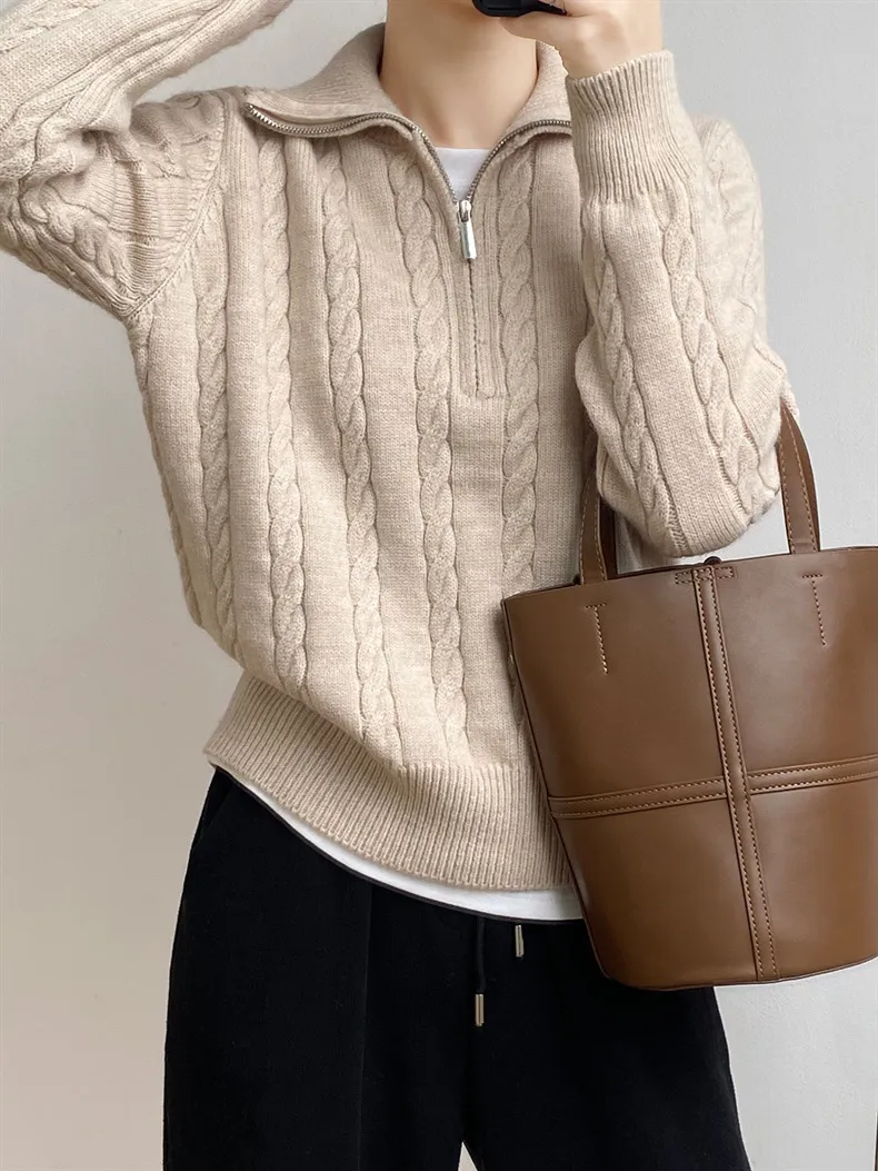 Cable-Knit Half Zip Long Sleeve Sweater, image 12