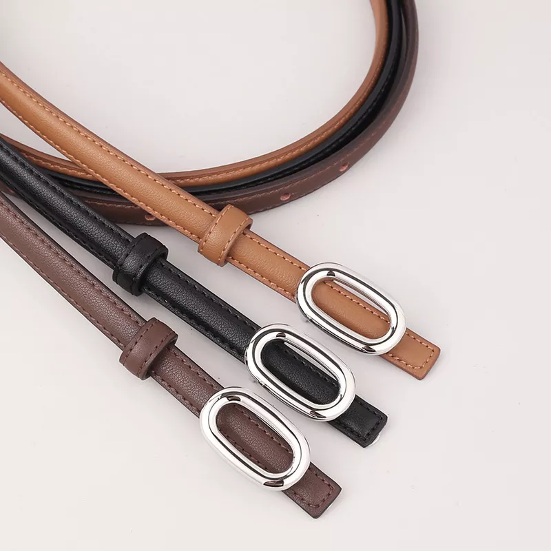Skinny Leather Belt with Oval Buckle, image 2