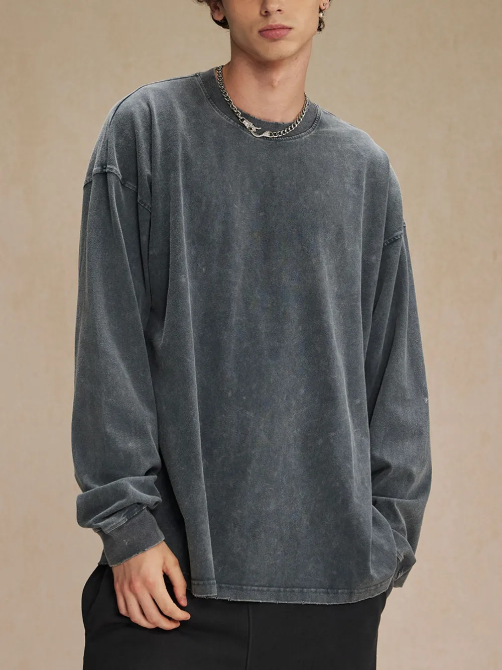 Men's Oversized Washed Round Neck T-Shirt, image 8