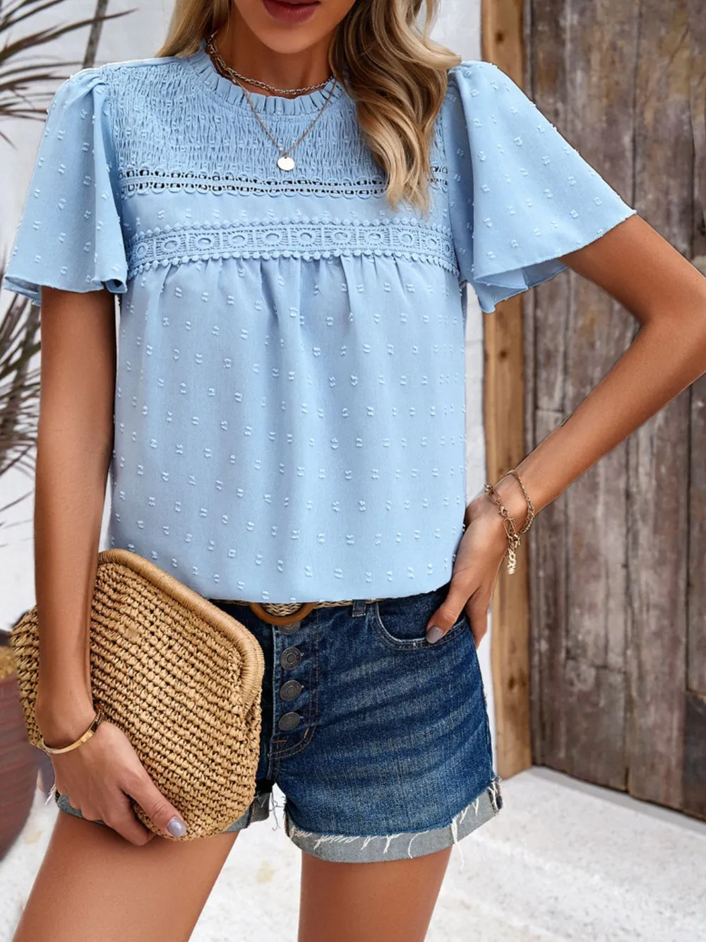 Swiss Dot Smocked Round Neck Short Sleeve Blouse, image 5