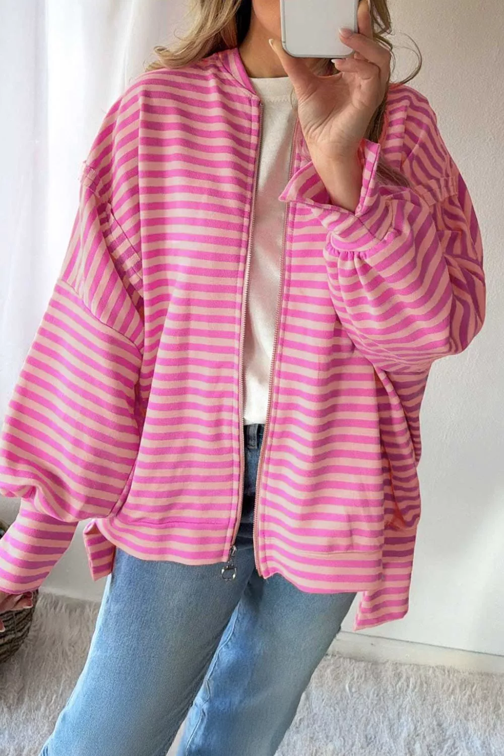 Stripe Striped Zip-up Open Front Loose Fit Regular Length Hoodie, image 3