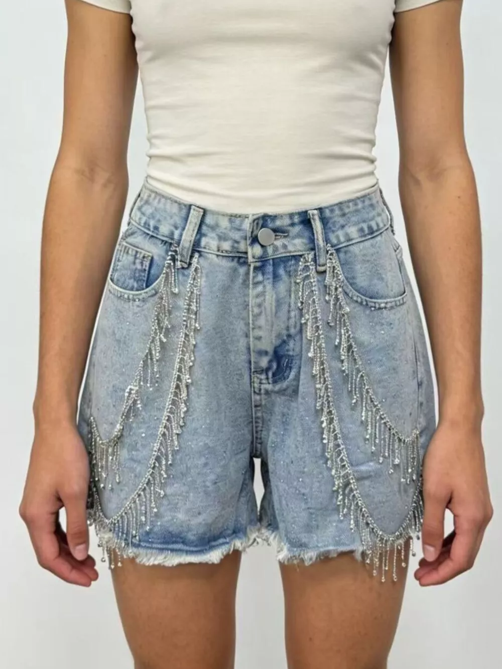 Rhinestone Chain Raw Hem Denim Shorts, image 2