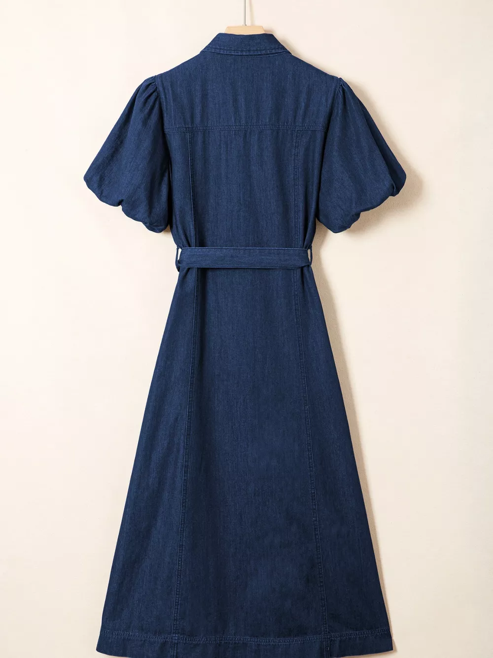 Belted Button-Down Midi Denim Dress, image 5