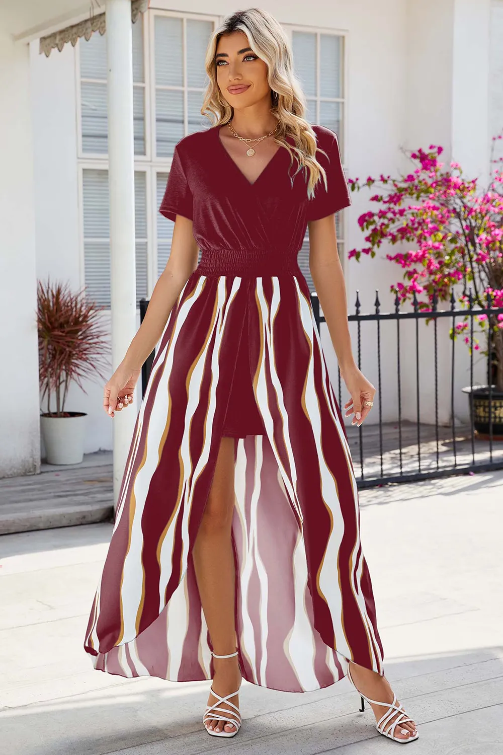 Smocked High-Low Printed Surplice Dress, image 2