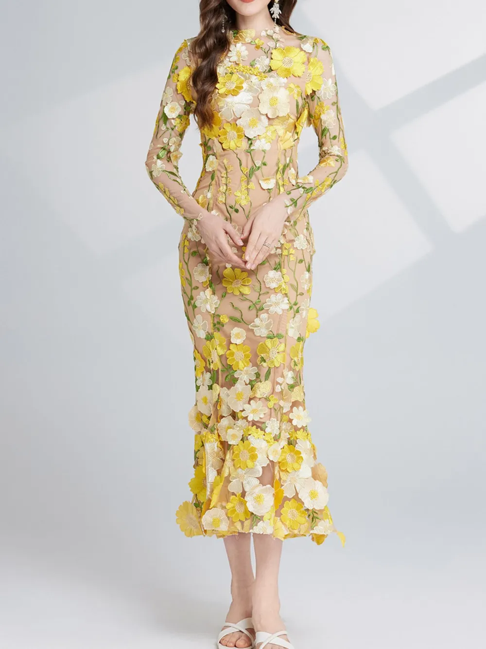 Floral Embroidered Mesh Long Sleeve Midi Dress, image 9