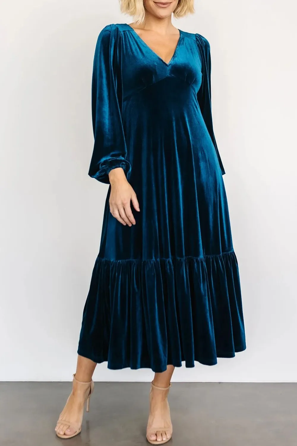 V-Neck Long Sleeve Midi Velvet Dress, image 2