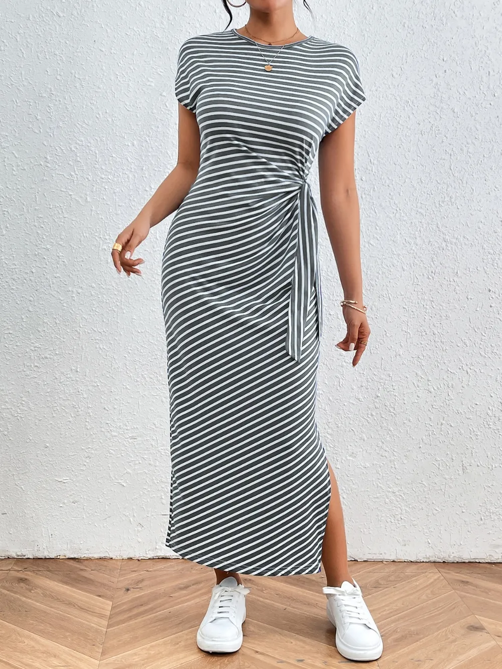 Tied Striped Round Neck Short Sleeve Tee Dress, image 8