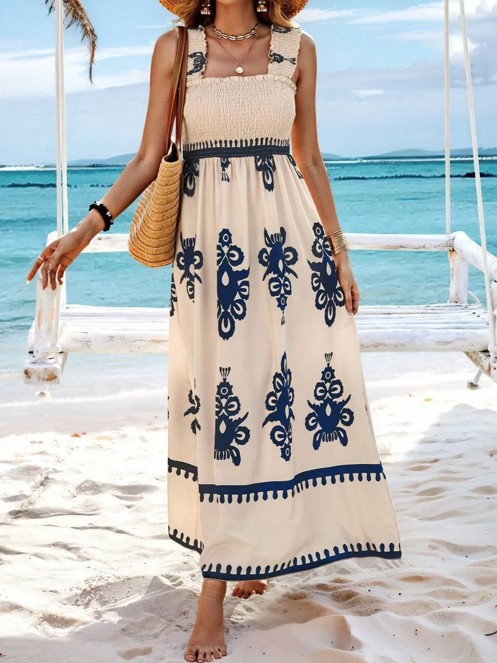 Smocked Printed Wide Strap Maxi Dress, image 7