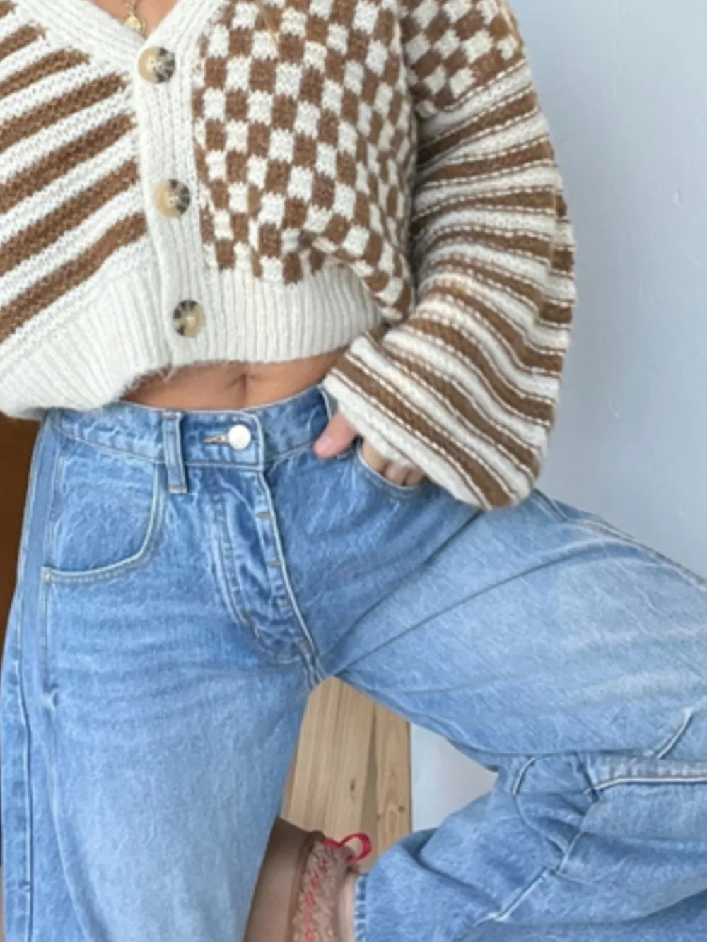 Checkered and Striped Pattern Button-Front Cropped Cardigan, image 5