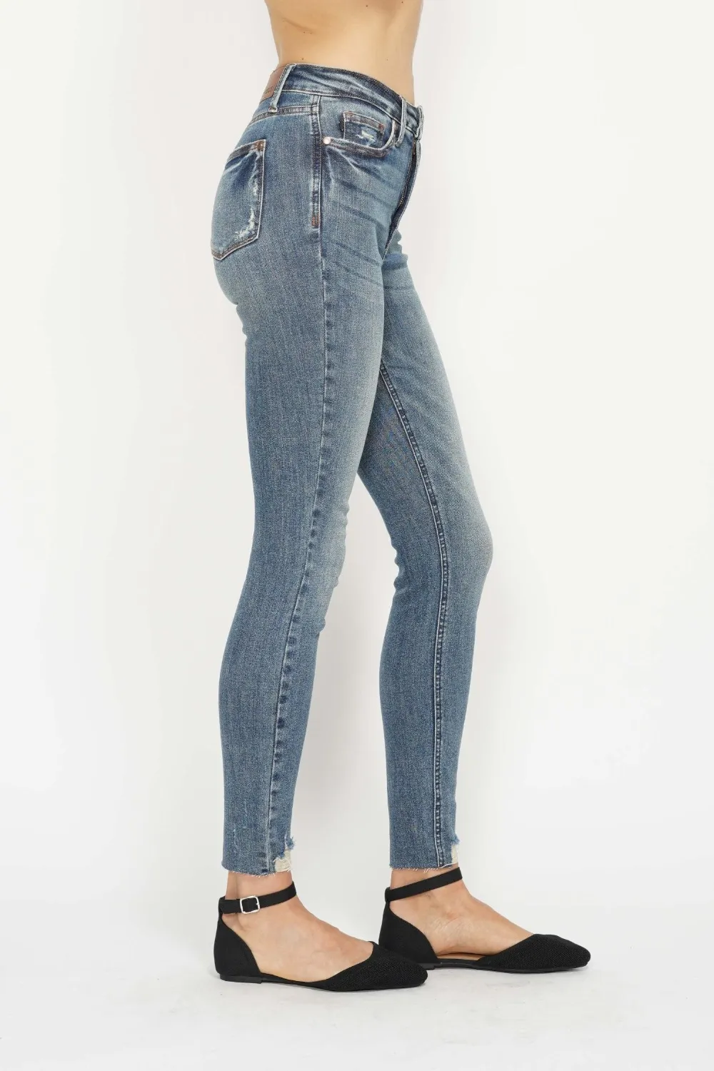 Full Size Tummy Control Vintage Wash Hem Destroy Skinny Jeans, image 4