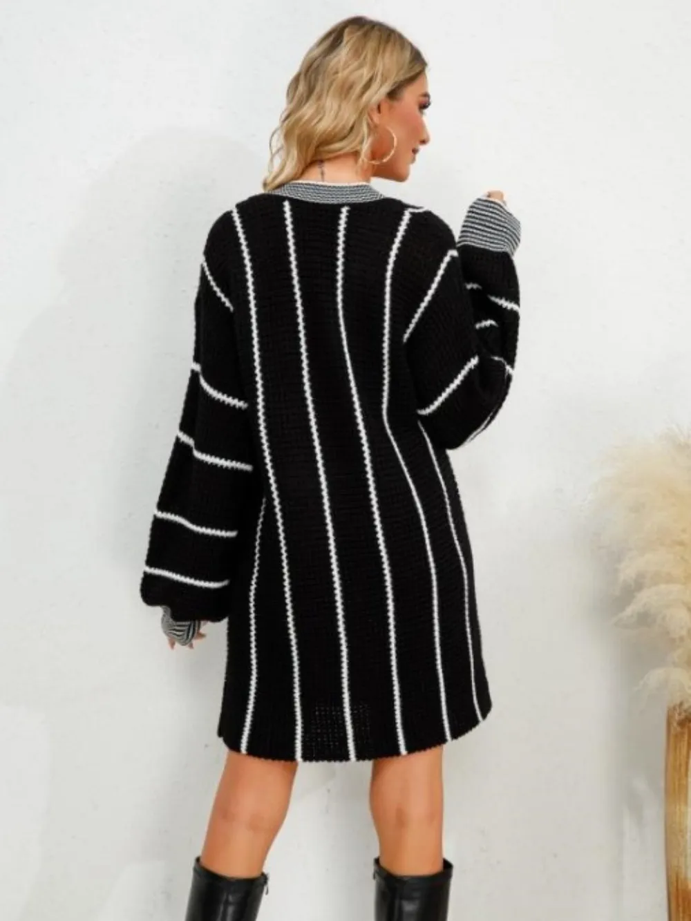Striped V-Neck Long Sleeve Mini Dress, image 3
