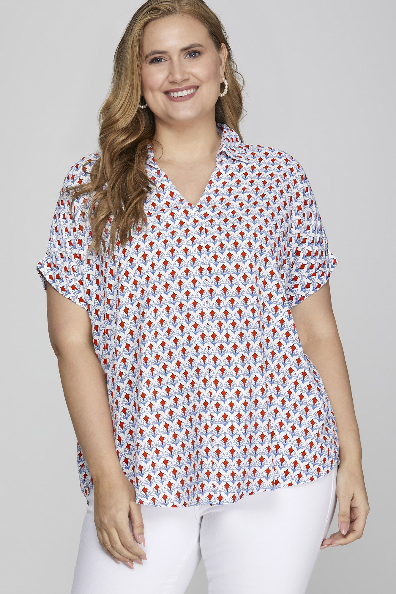 Full Size Printed Johnny Collar Short Sleeve Blouse Plus Size, image 4