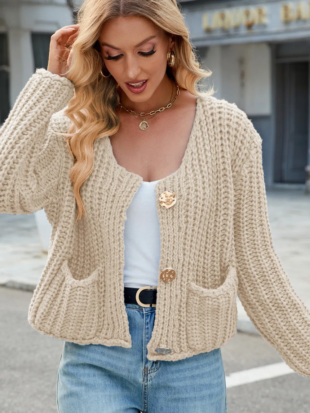 Round Neck Button Up Cardigan with Pockets, image 15