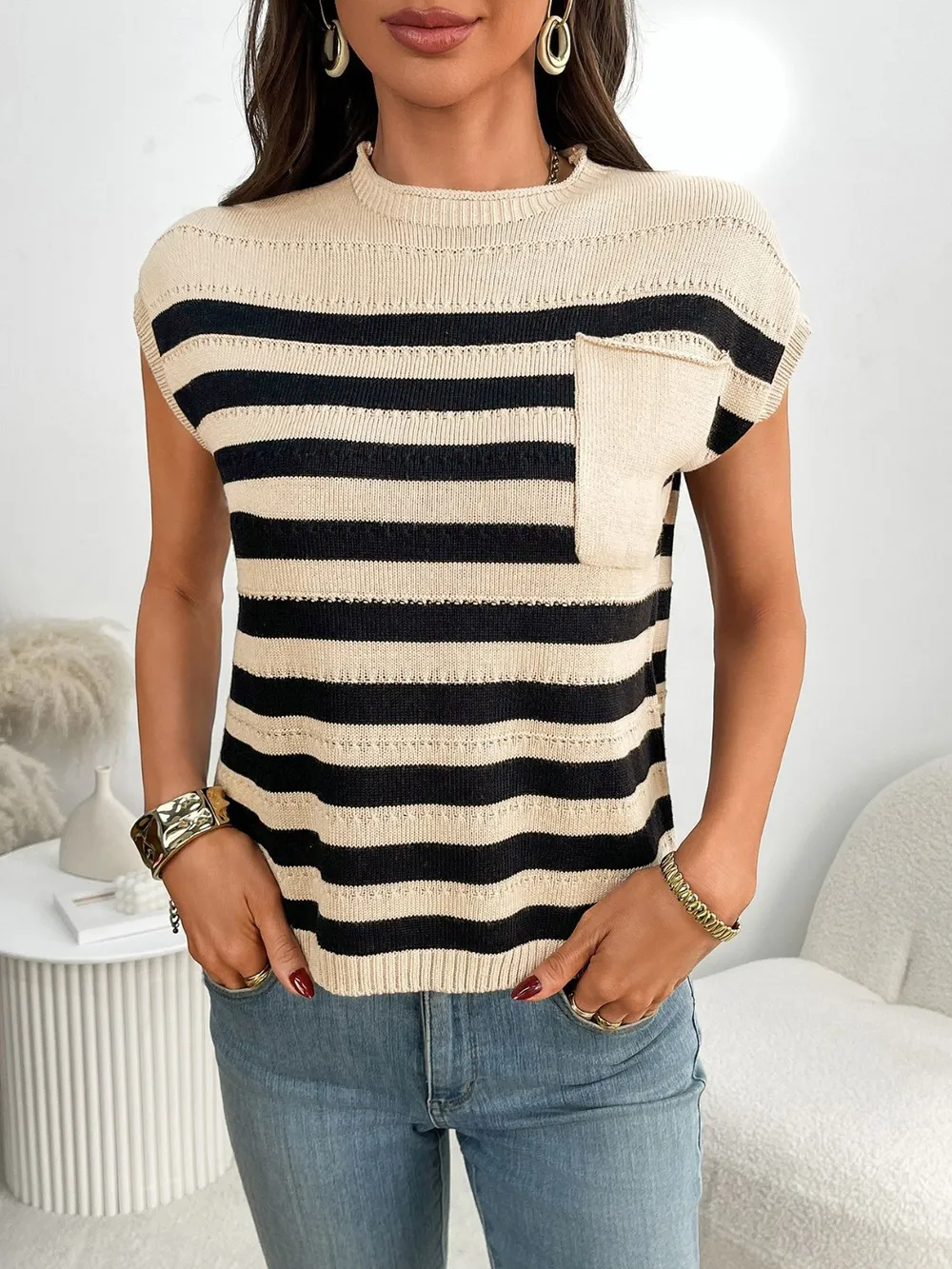 Striped Mock Neck Cap Sleeve Knit Top, image 9