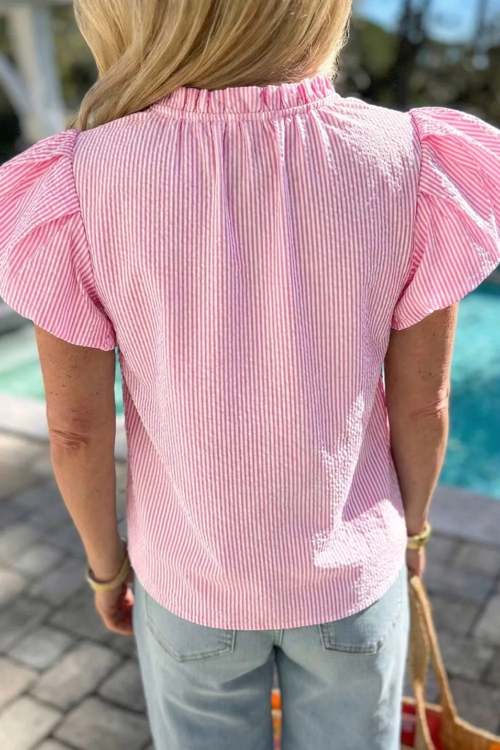 Stripe Short Bubble Sleeve Split V Neck Blouse, image 4