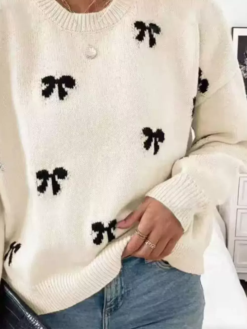 Bow Round Neck Dropped Shoulder Sweater, image 3
