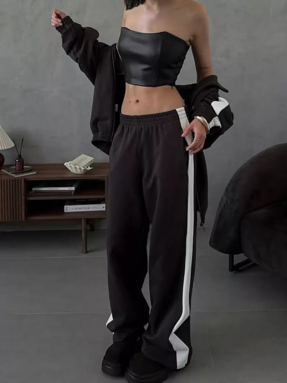 Contrast Side Stripe Zip Up Top and Pants Set, image 3