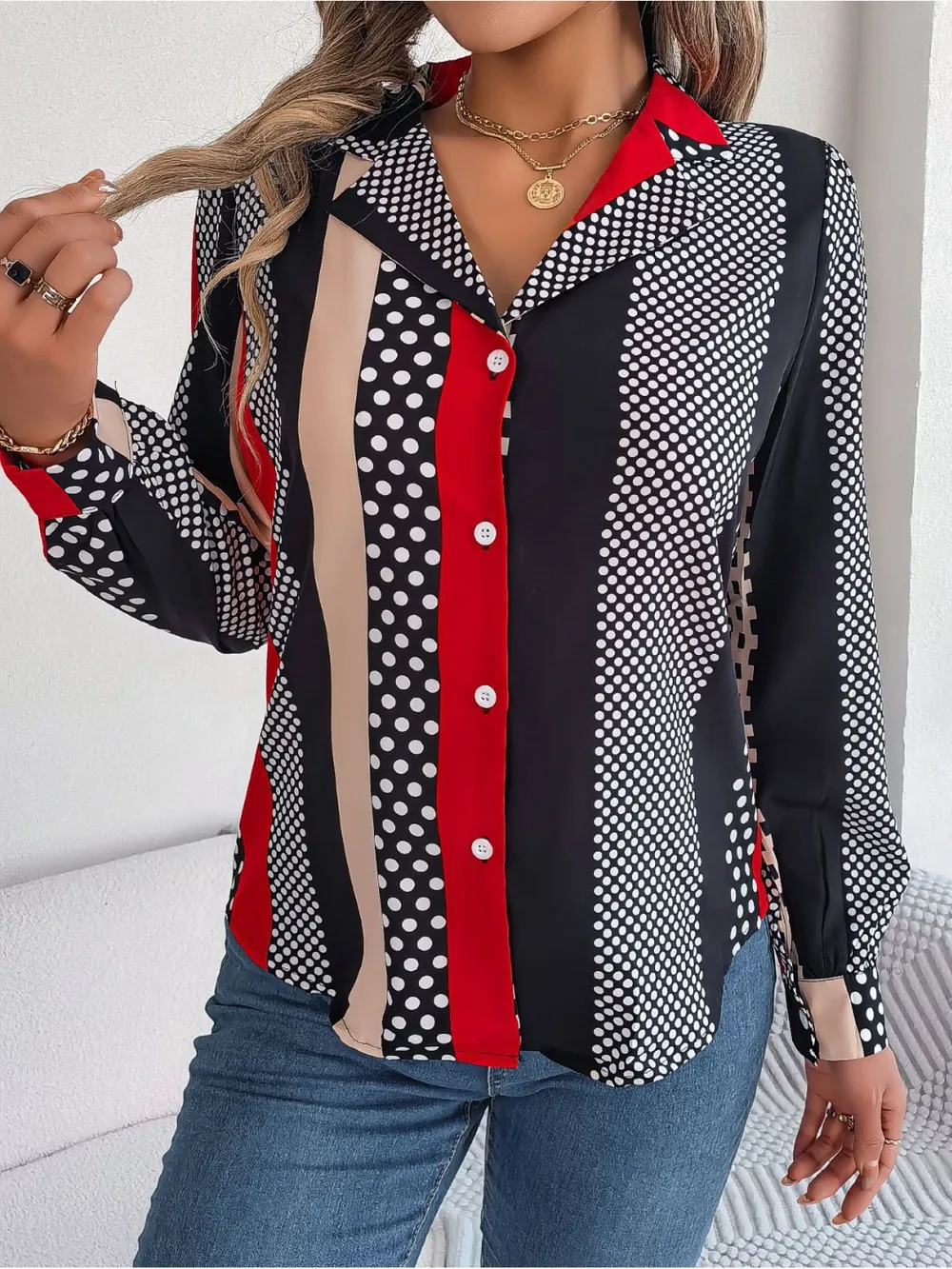 Polka Dot Contrast Long Sleeve Shirt, image 7