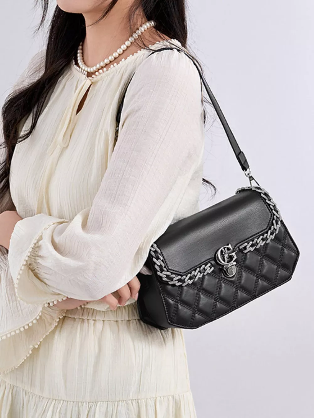 Quilted PU Leather Crossbody Bag with Rhinestone Decor, image 10