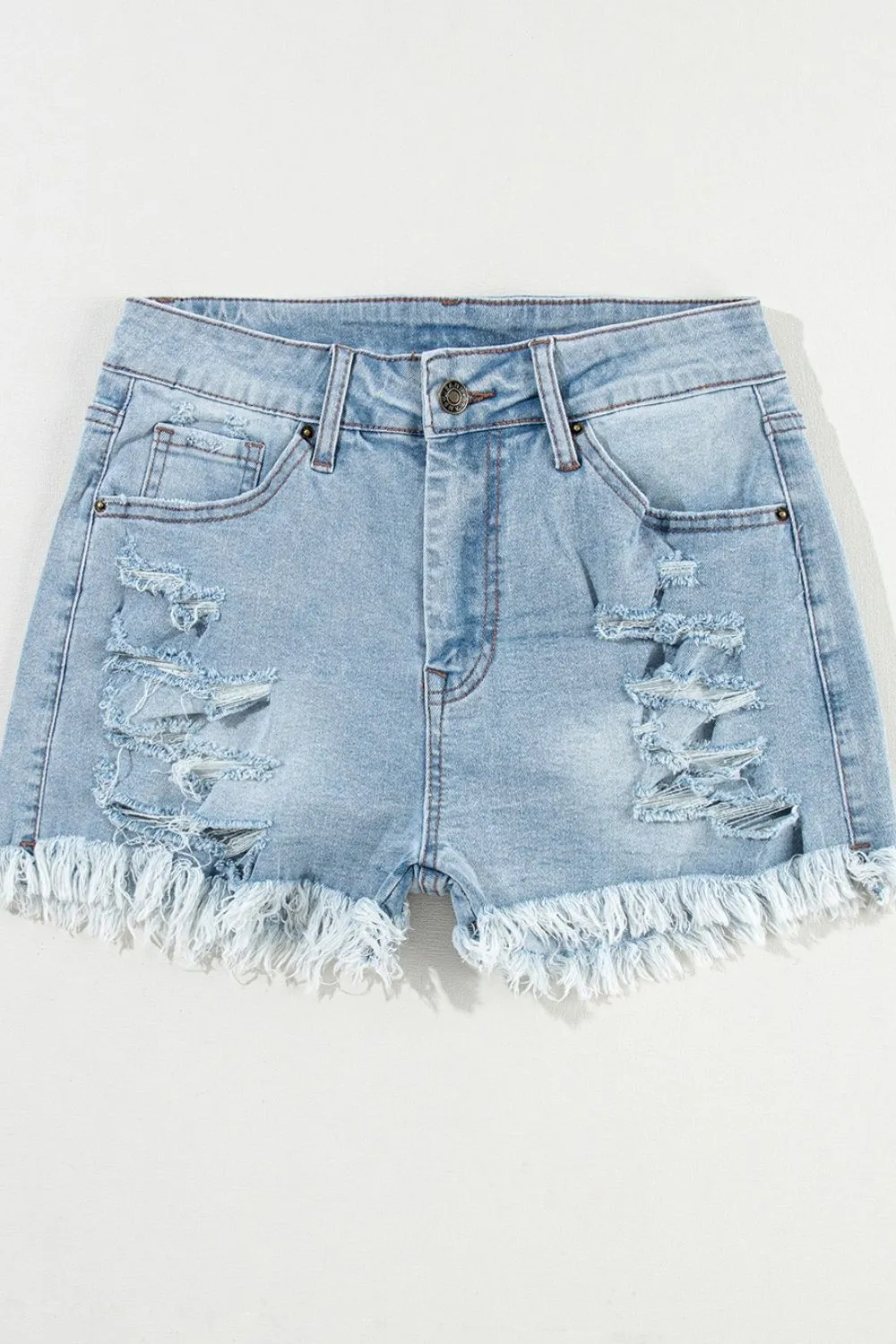 Distressed Raw Hem High Waist Denim Shorts, image 5
