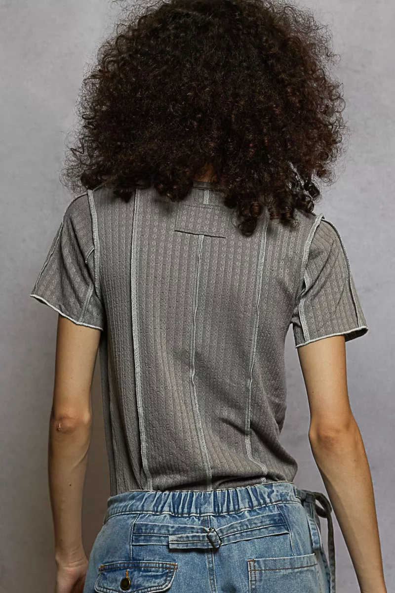 V-Neck Short Sleeve Top with Stitch Seam Detail, image 3
