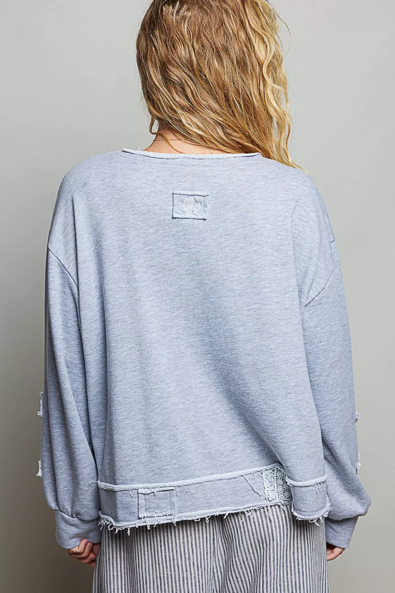 Exposed Outseam Crochet Patch V-Neck Sweatshirt with Open Wrap-Style Design, image 4