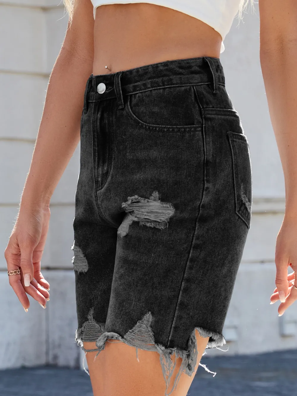 Distressed Raw Hem Denim Shorts, image 4
