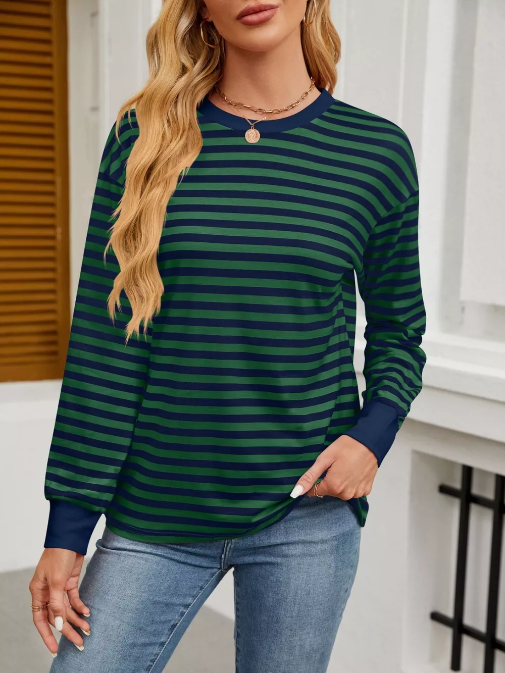 Striped Round Neck Long Sleeve T-Shirt, image 3