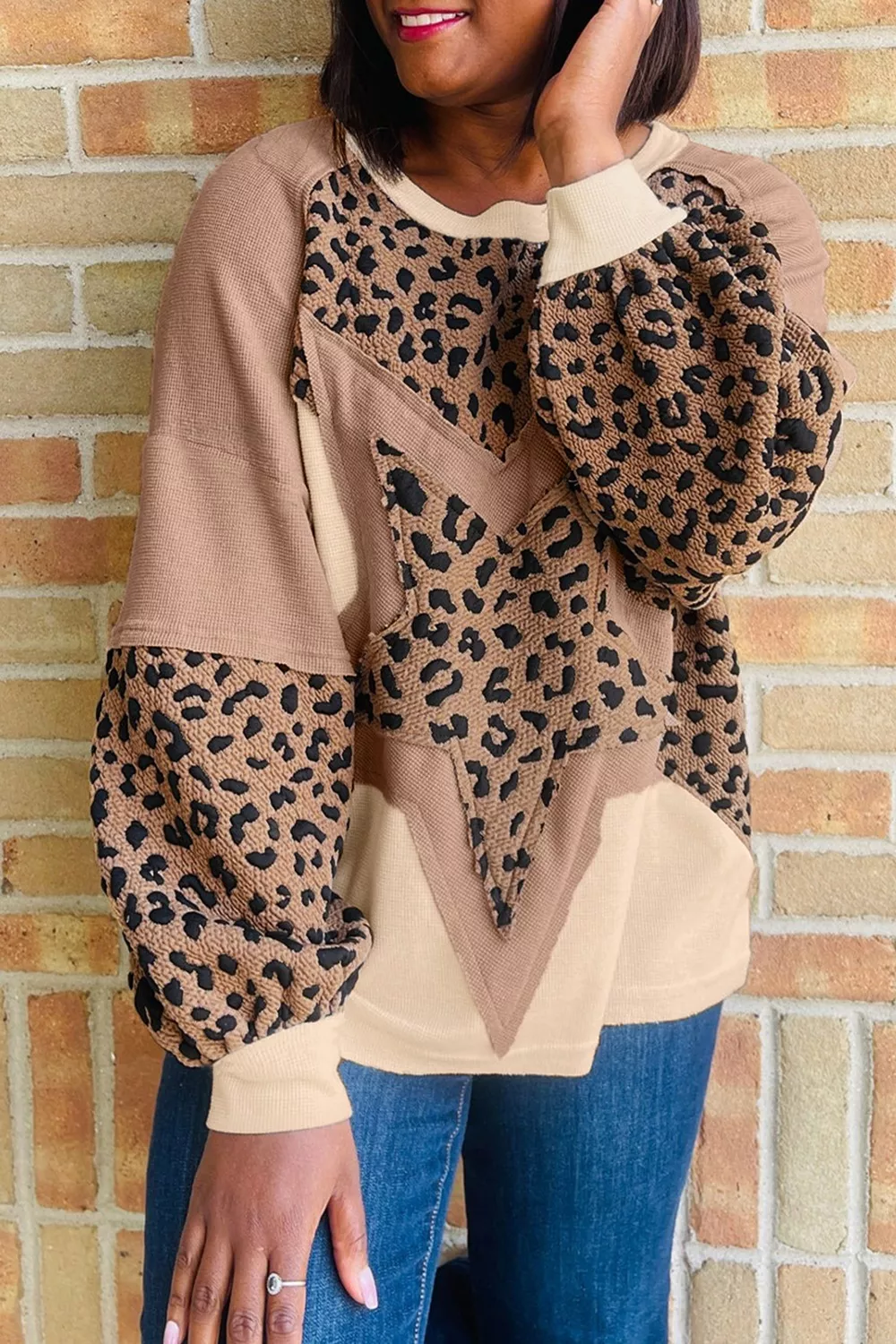Leopard Star Patchwork Round Neck Sweatshirt