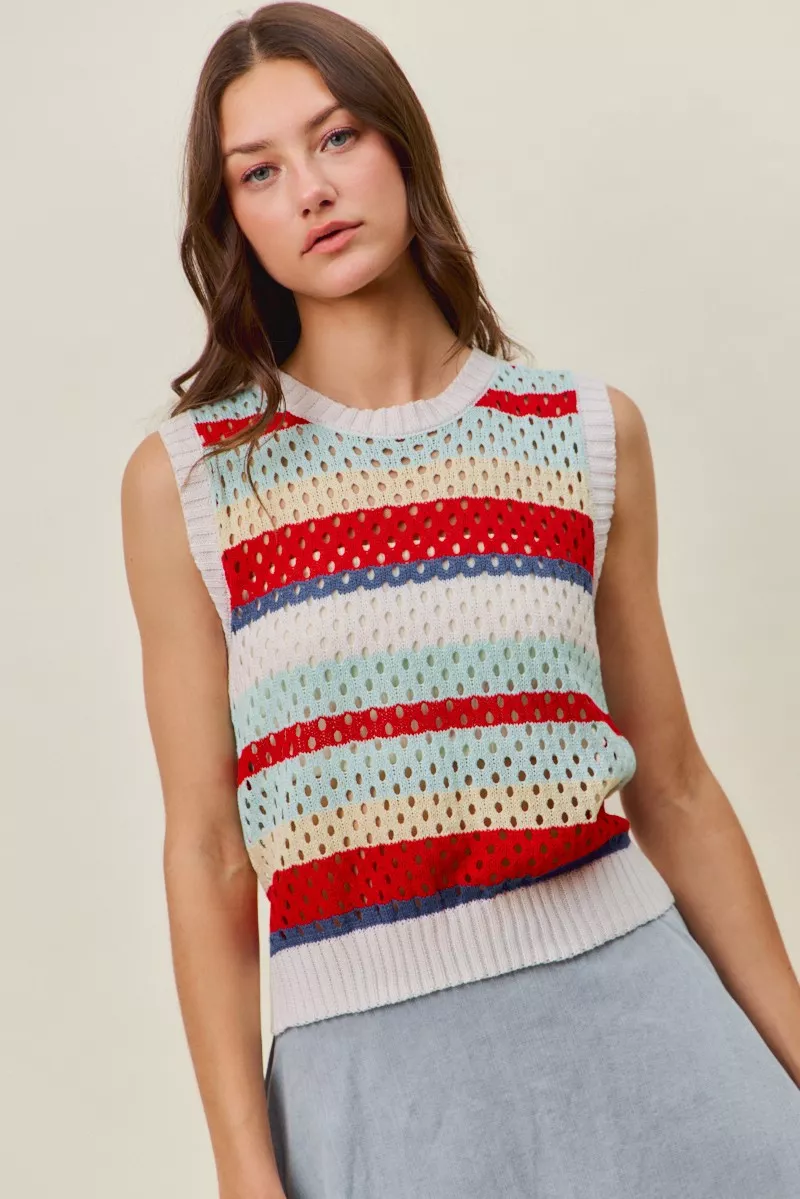 Tie Back Multi Stripe Sweater Knit Tank Top, image 8