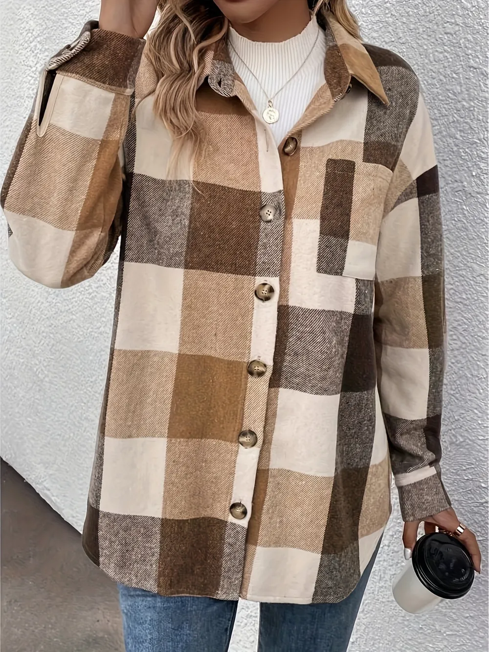 Curved Hem Plaid Collared Neck Shacket, image 5