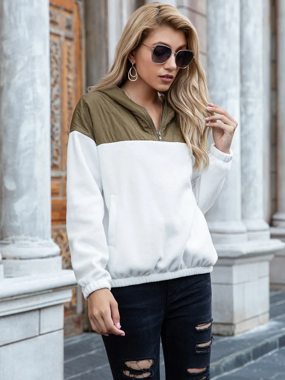 Pocketed Color Block Quarter Zip Hoodie, image 3