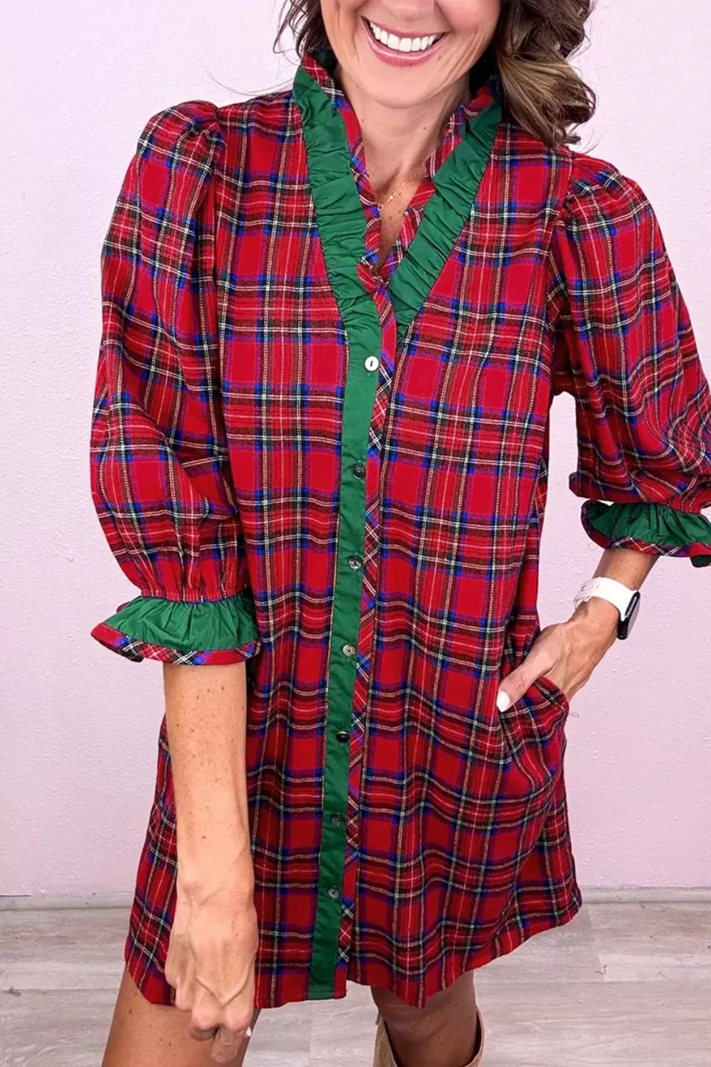 Plaid Ruffle Cuff Button Front Pocket Mini Dress, image 6