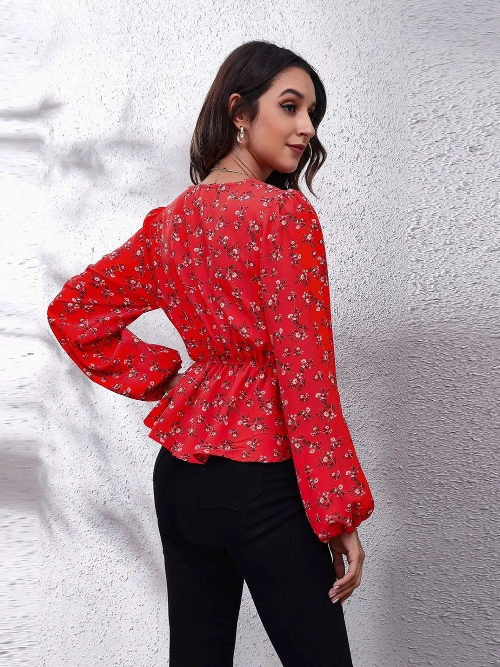 Ruched Printed V-Neck Long Sleeve Blouse, image 34