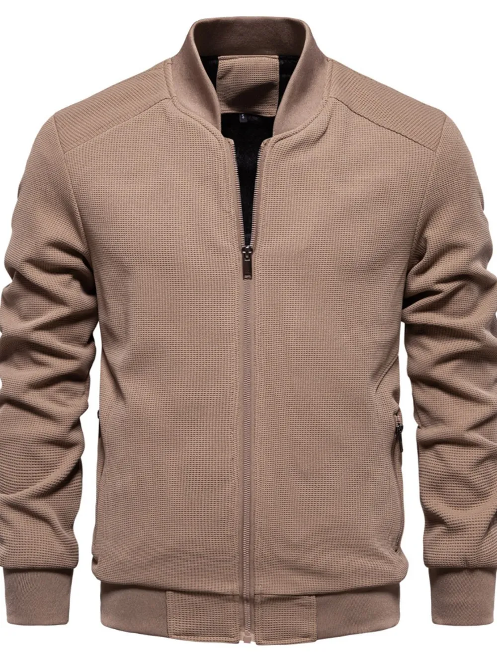 Men's Waffle Knit Baseball Collar Zip Up Jacket, image 9