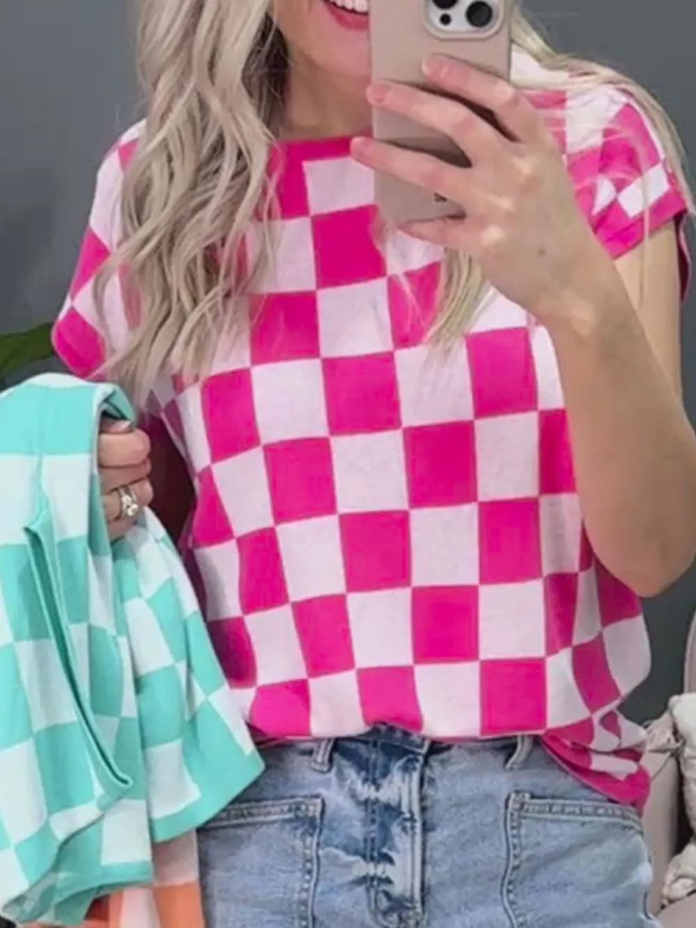 Checkered Cap Sleeve Casual Sweater Top, image 2