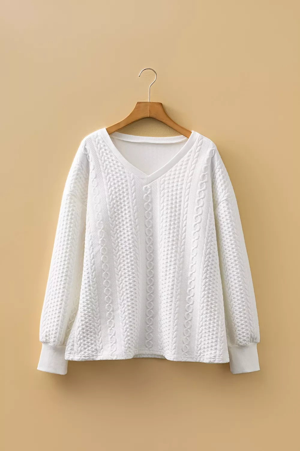 Solid Color Textured V Neck Drop Shoulder Knit Top, image 3