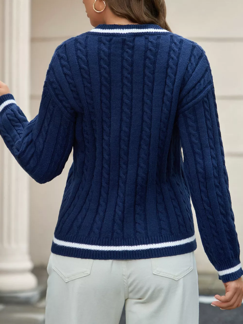 Classic Cable Knit V-Neck Sweater, image 6