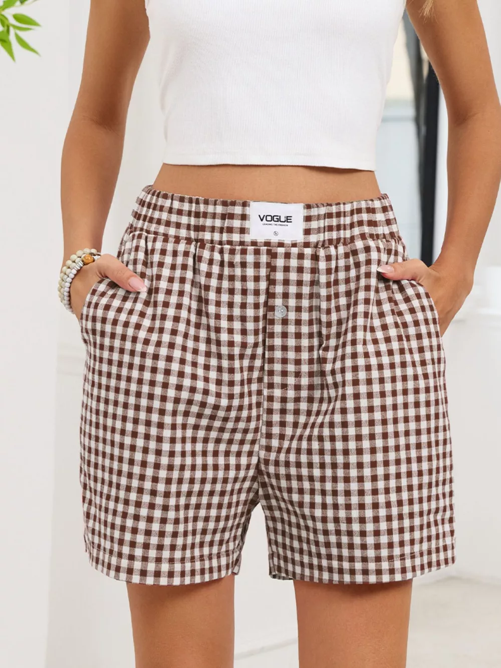 Gingham Elastic Waist Casual Shorts, image 9