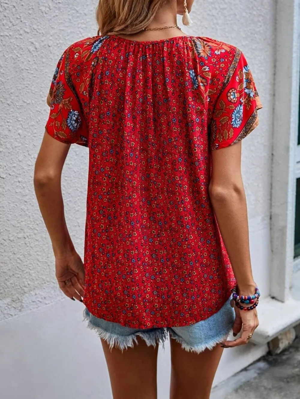 Printed Tie Neck Short Sleeve Blouse, image 7
