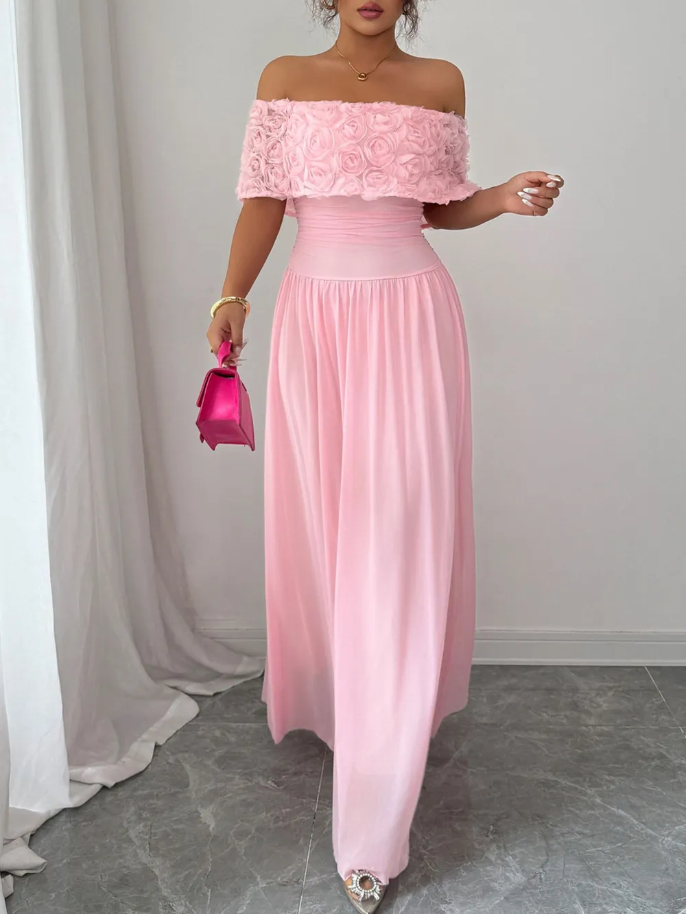 Off-Shoulder Rose Embellished Maxi Dress, image 3
